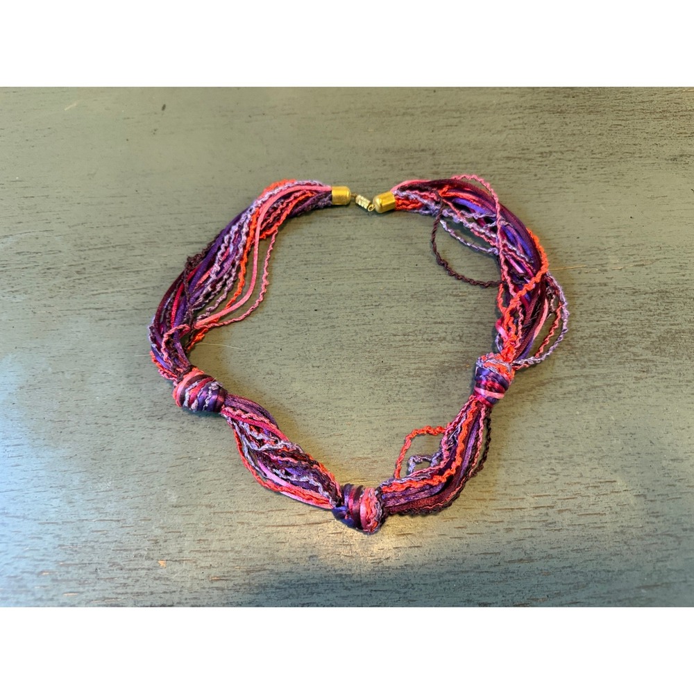 Vintage Multi Strand Fiber Knot Necklace Purple Magenta Red Boho Textile Jewelry